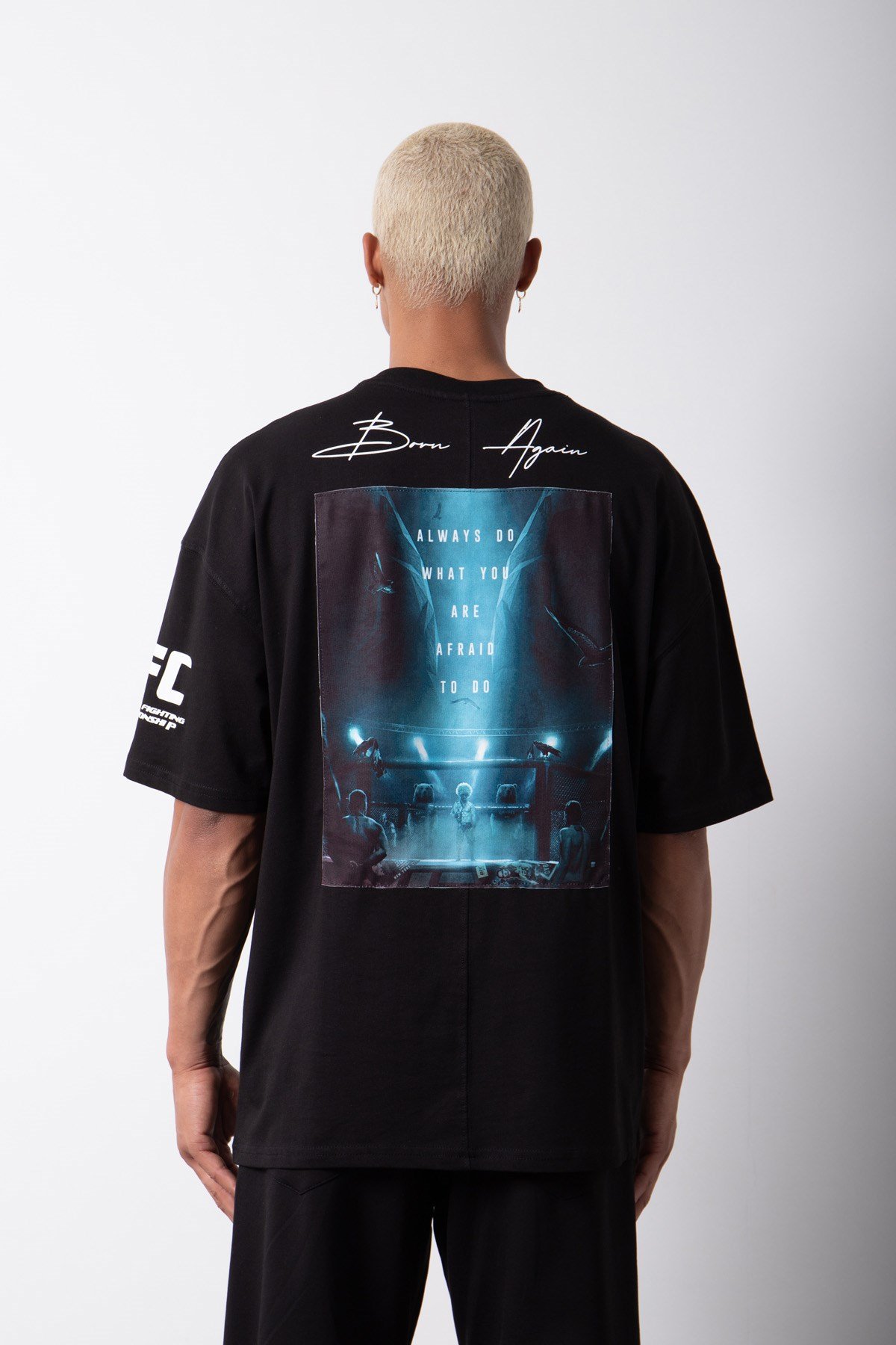Oversize UFC Baskılı Pamuklu T-Shirt SİYAH