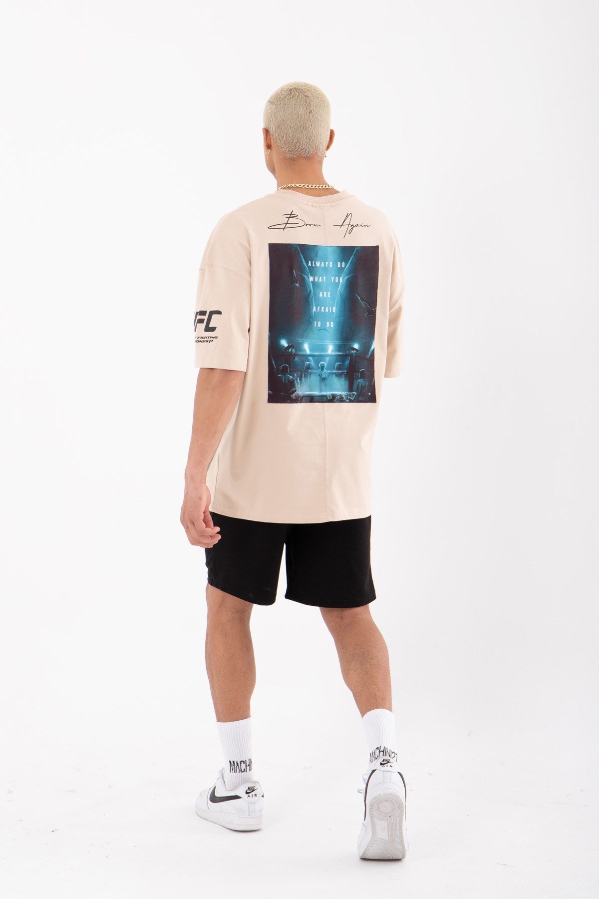 Oversize UFC Baskılı Pamuklu T-Shirt BEJ