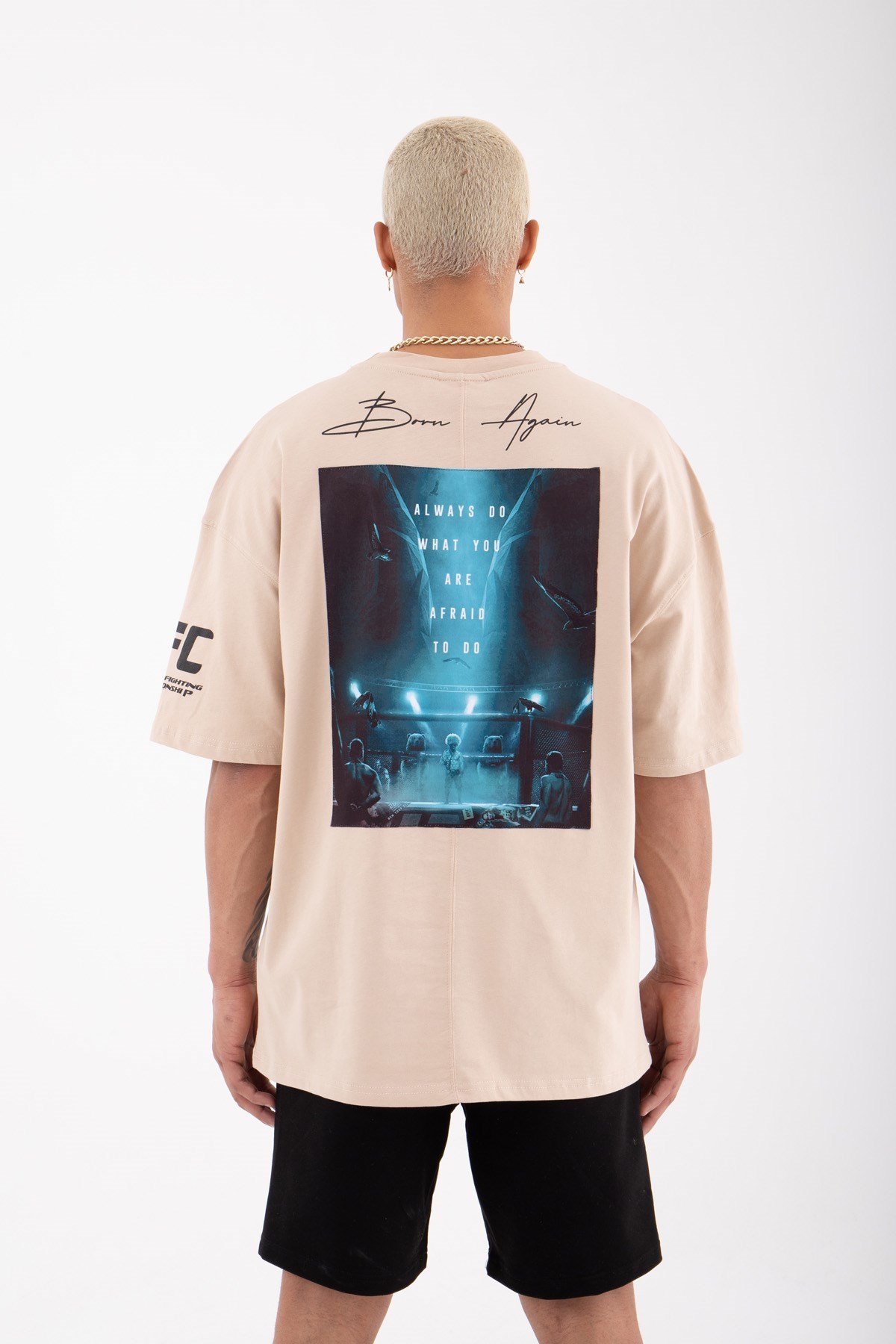 Oversize UFC Baskılı Pamuklu T-Shirt BEJ
