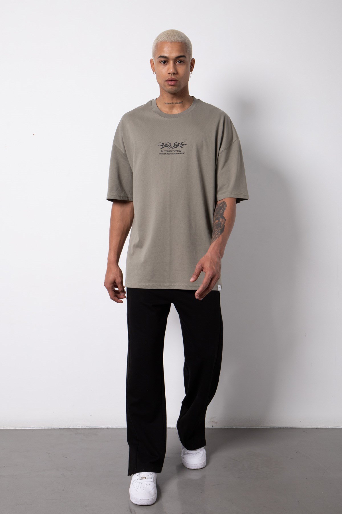 Oversize Butterfly Effect Baskılı Pamuklu T-Shirt HAKİ