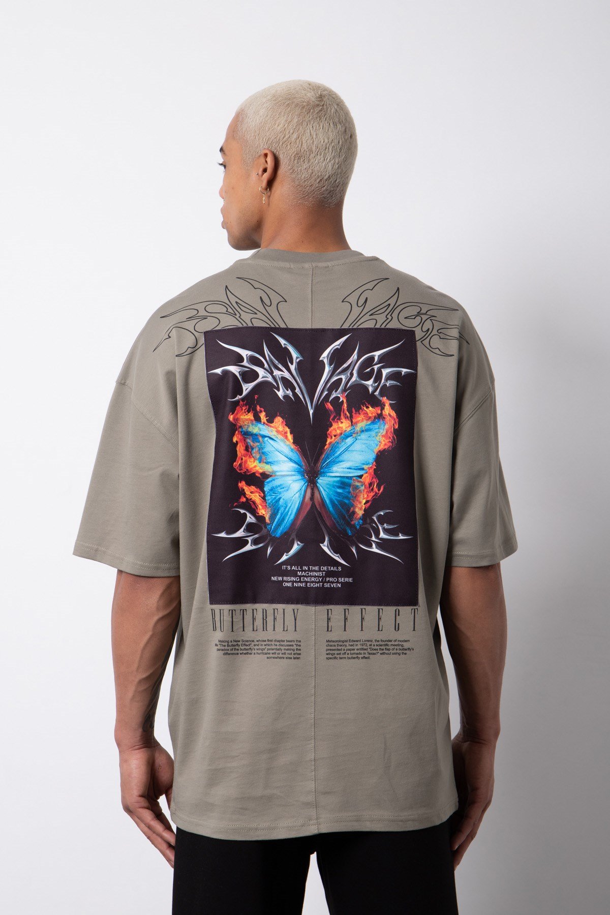 Oversize Butterfly Effect Baskılı Pamuklu T-Shirt HAKİ