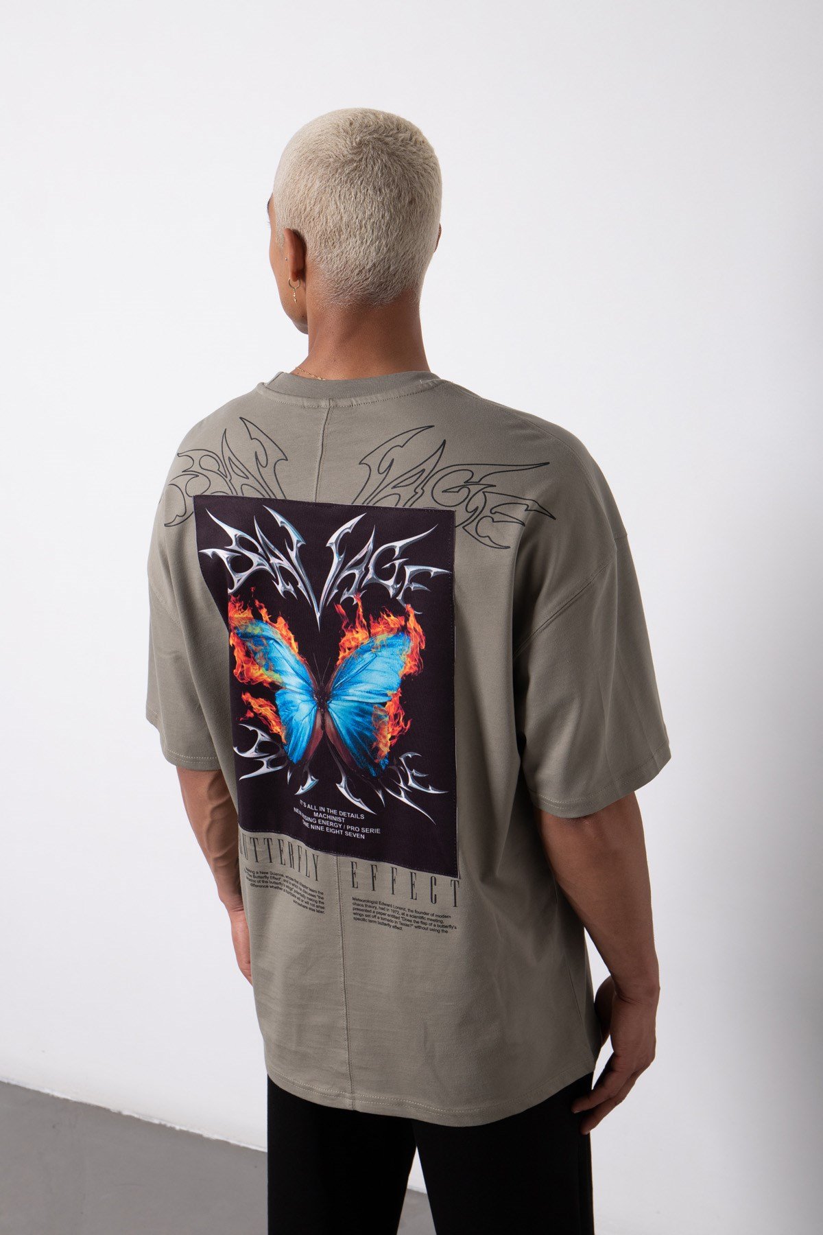 Oversize Butterfly Effect Baskılı Pamuklu T-Shirt HAKİ