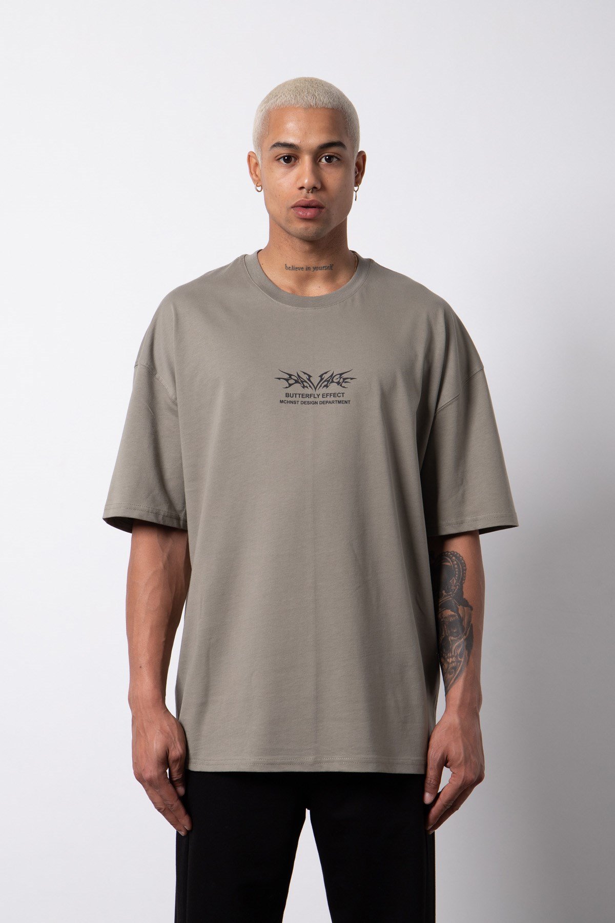 Oversize Butterfly Effect Baskılı Pamuklu T-Shirt HAKİ