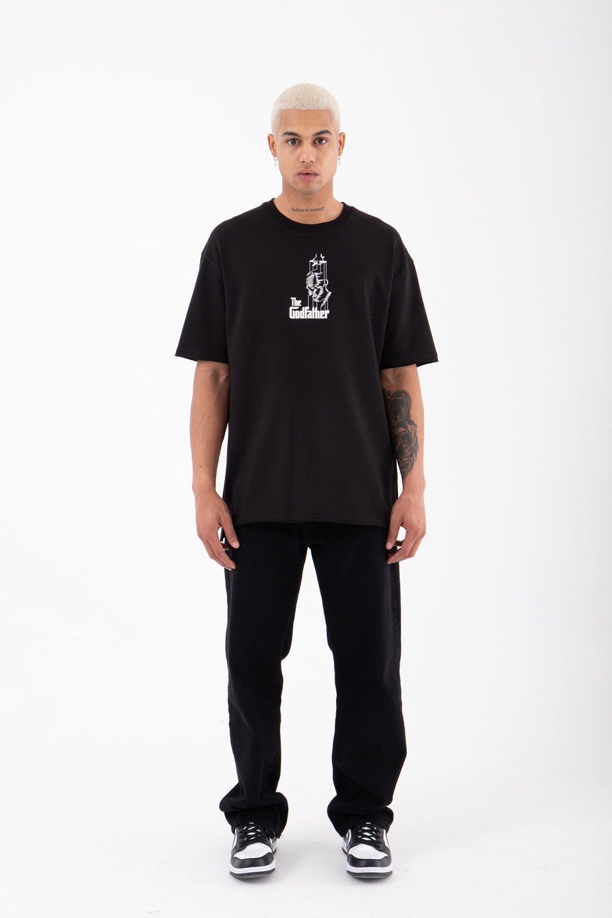 Oversize The Godfather Basklı Pamuklu T-Shirt SİYAH