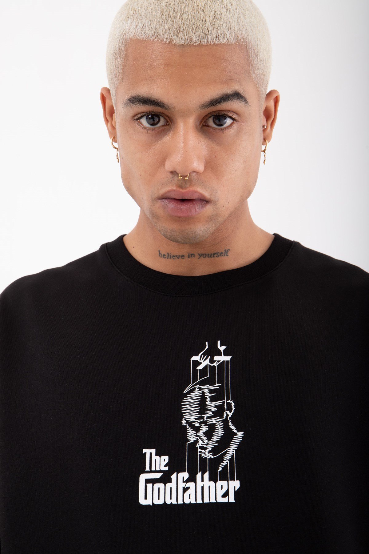 Oversize The Godfather Basklı Pamuklu T-Shirt SİYAH