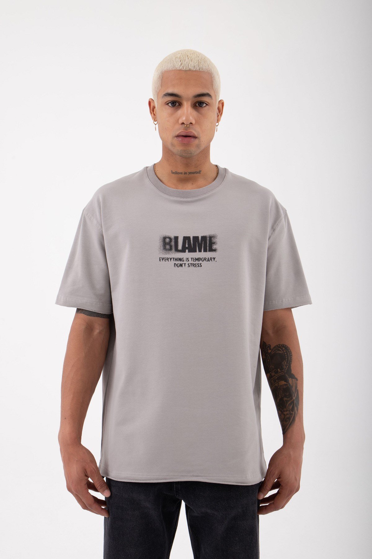 Relaxed Blame Baskılı Organik Pamuklu T-Shirt ICE GRİ