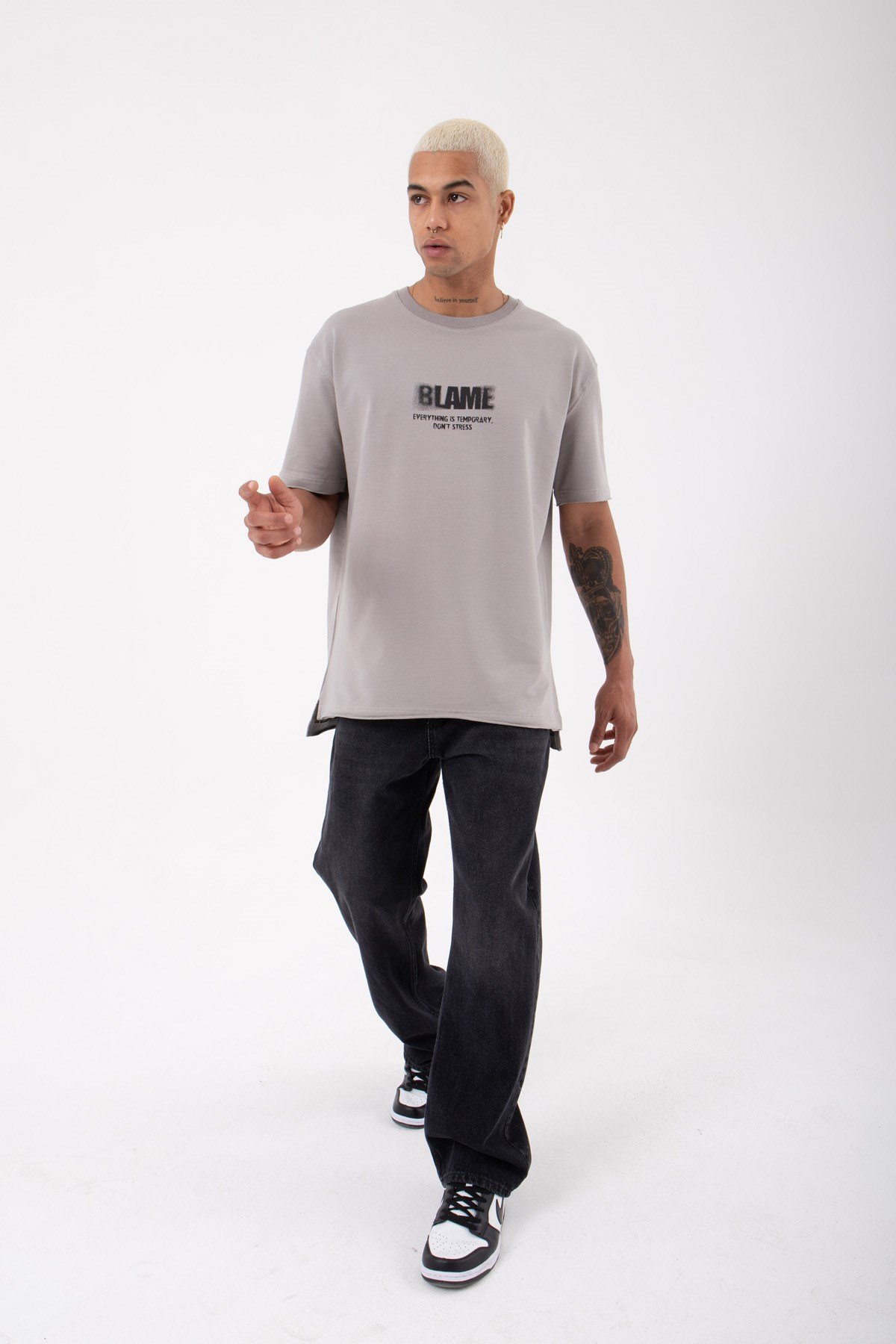 Relaxed Blame Baskılı Organik Pamuklu T-Shirt ICE GRİ