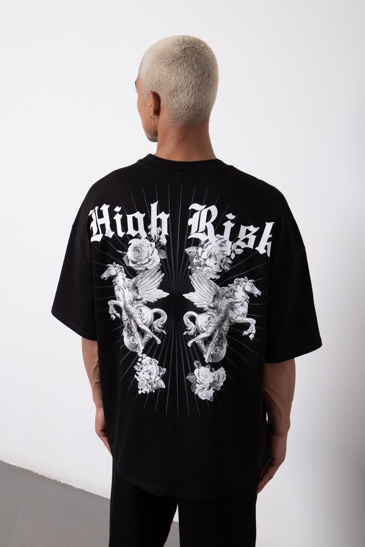 Oversize Hıgh Risk Baskılı Organik Pamuklu T-Shirt SİYAH