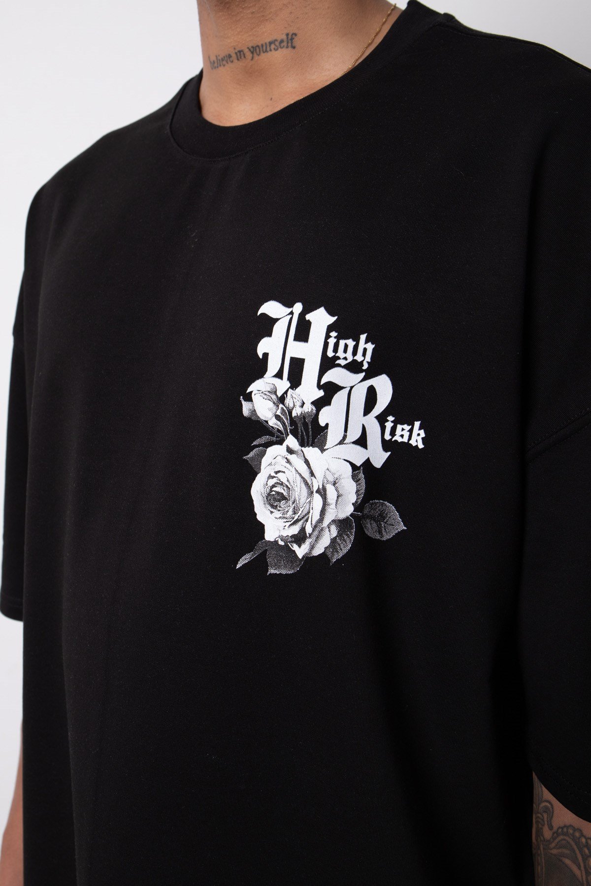 Oversize Hıgh Risk Baskılı Organik Pamuklu T-Shirt SİYAH
