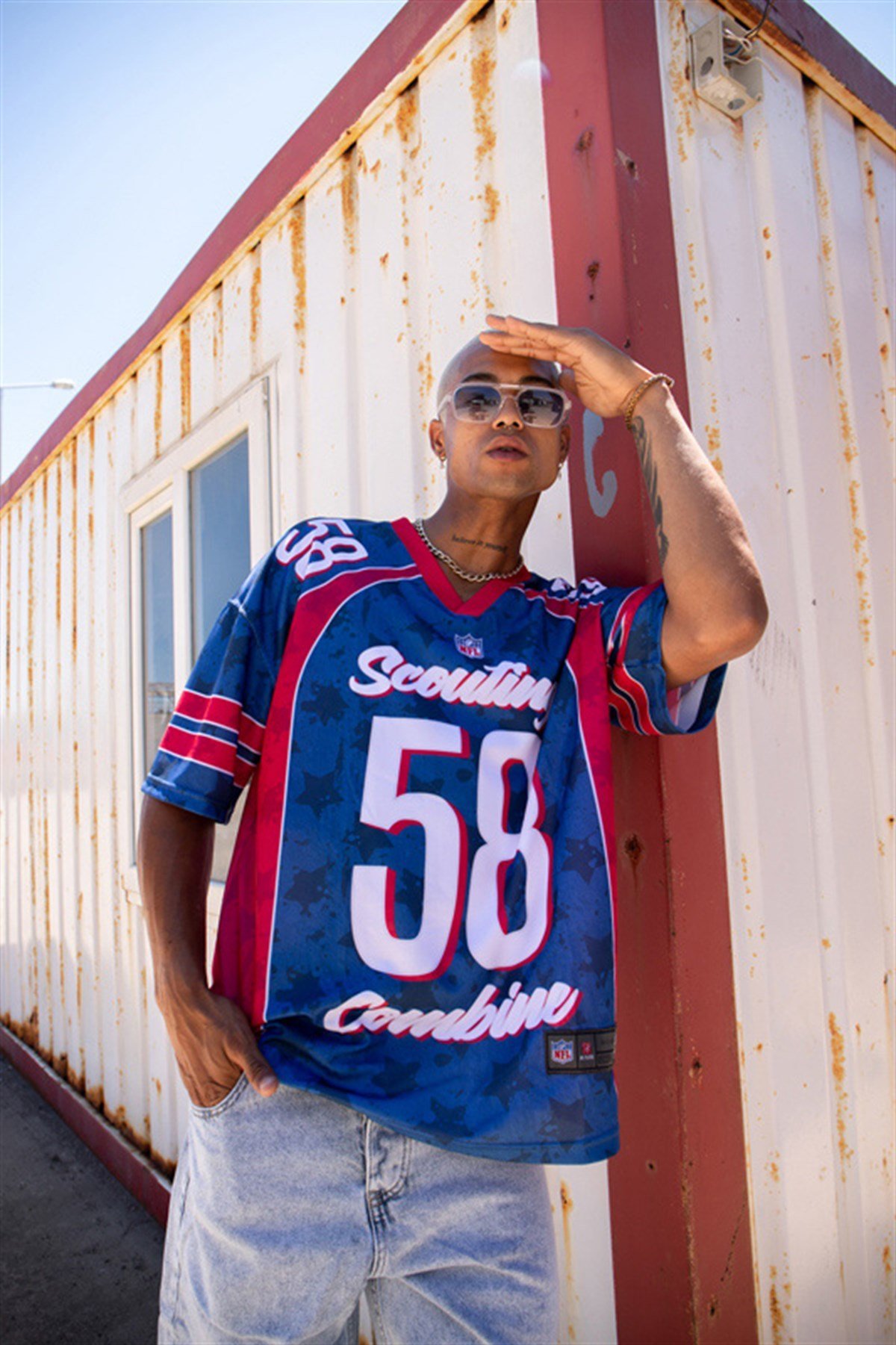 Oversize Scoting Combine 58 Baskılı NFL T-Shirt MAVİ KIRMIZI