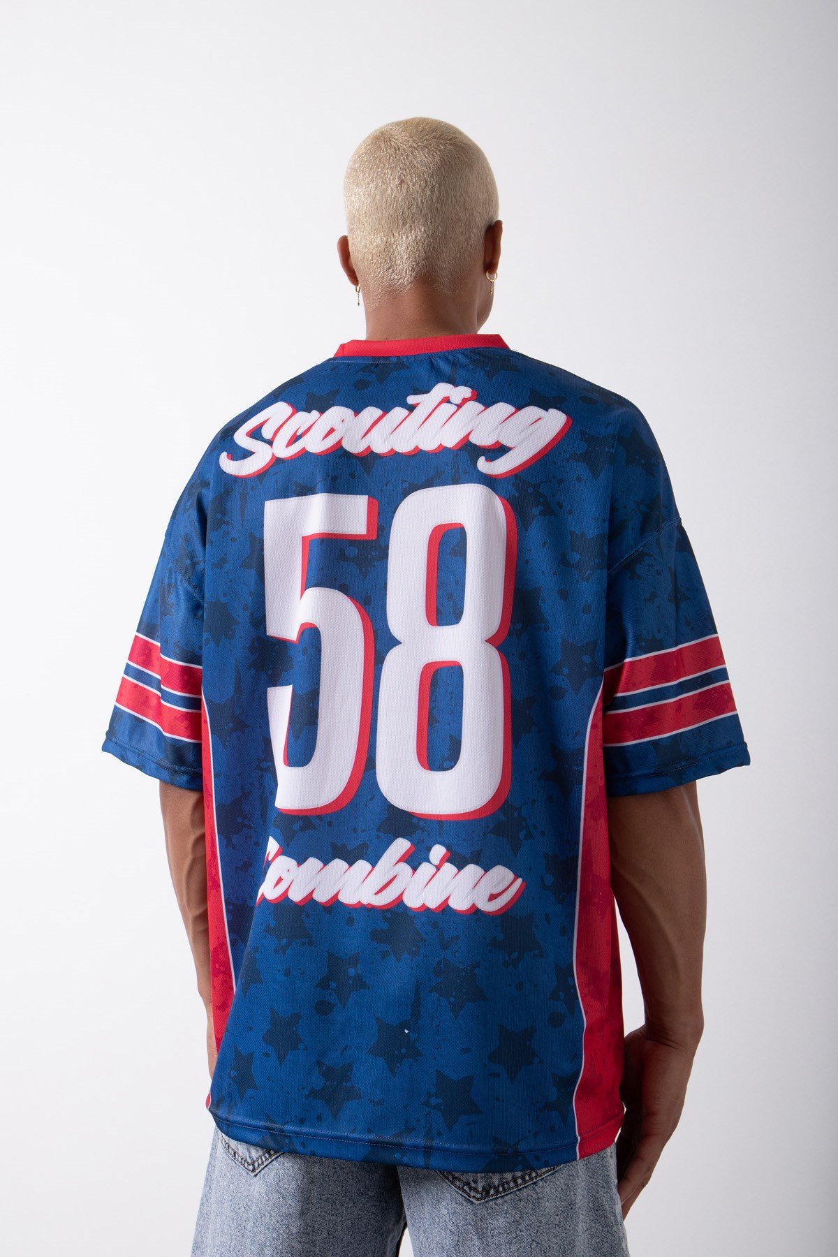 Oversize Scoting Combine 58 Baskılı NFL T-Shirt MAVİ KIRMIZI