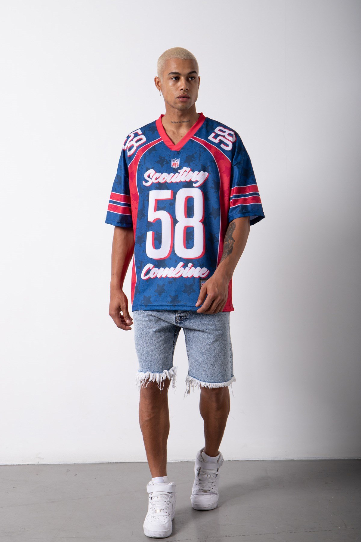 Oversize Scoting Combine 58 Baskılı NFL T-Shirt MAVİ KIRMIZI