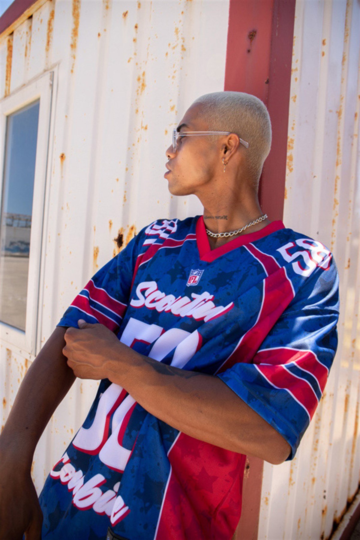 Oversize Scoting Combine 58 Baskılı NFL T-Shirt MAVİ KIRMIZI