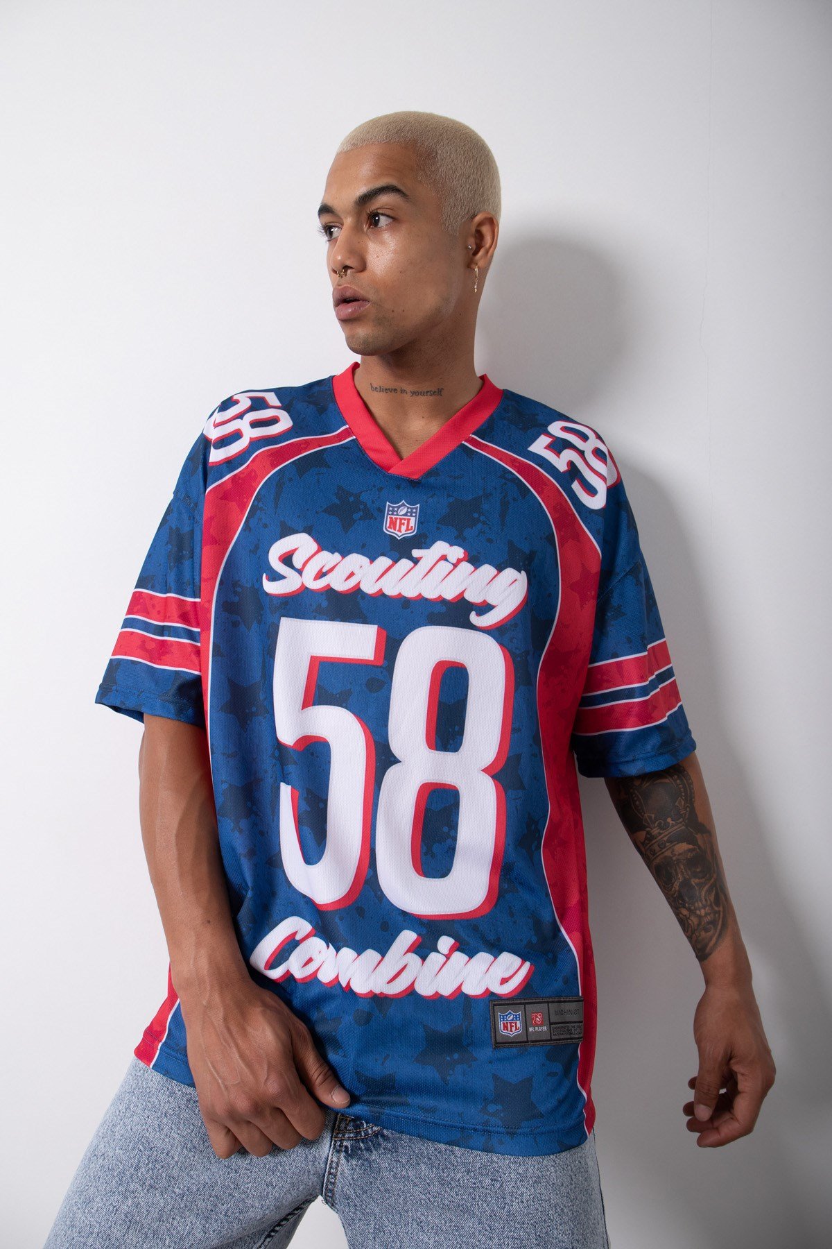 Oversize Scoting Combine 58 Baskılı NFL T-Shirt MAVİ KIRMIZI
