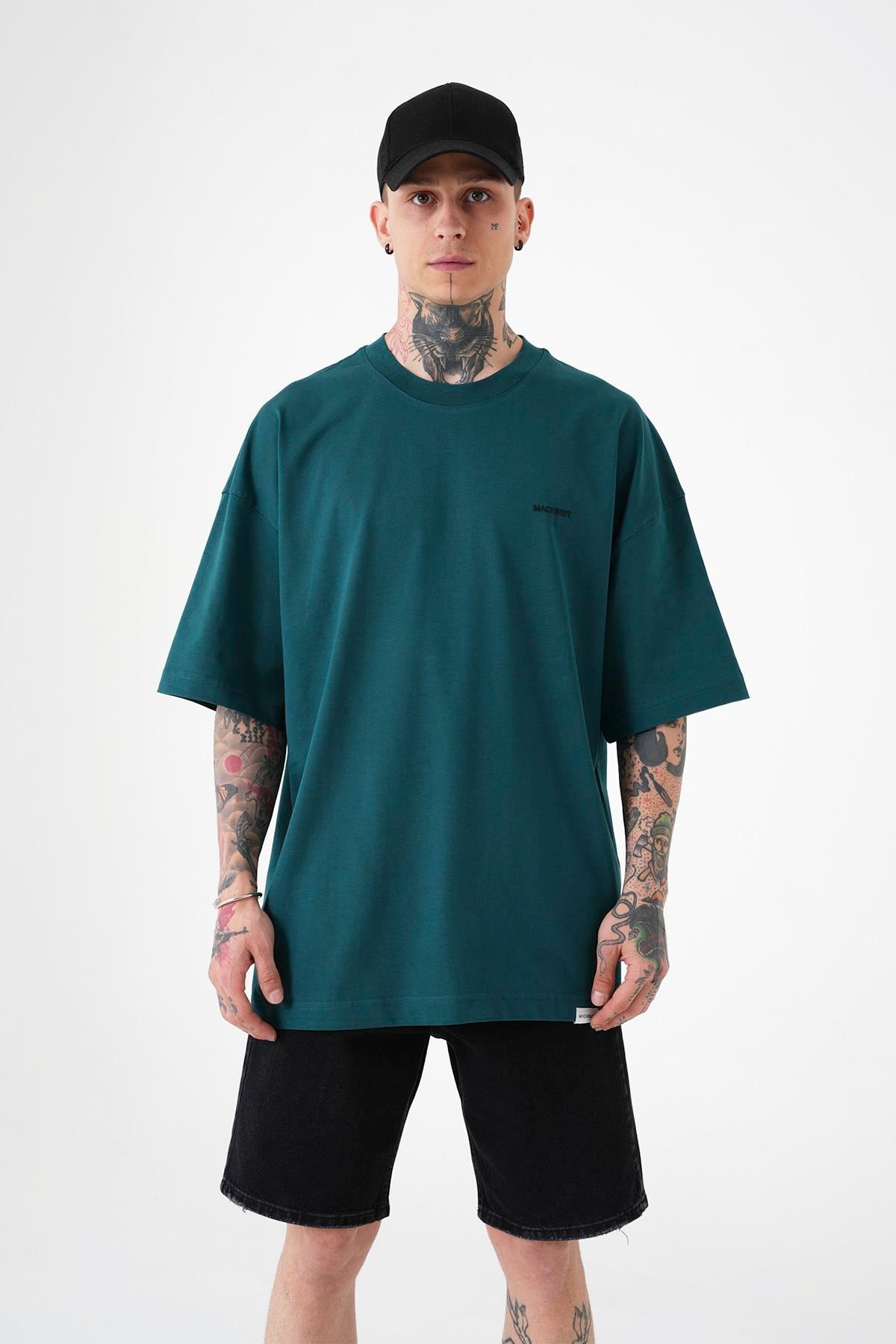 Erkek Solid Basic Pamuklu Oversize Koyu Yeşil Tişört