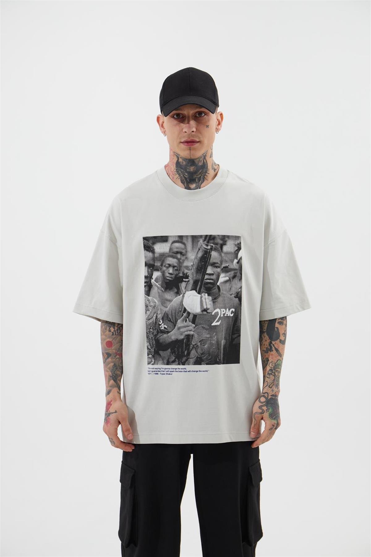OVERSIZE YOUNG RASCALS BASKILI T-SHIRT ICE GRİ