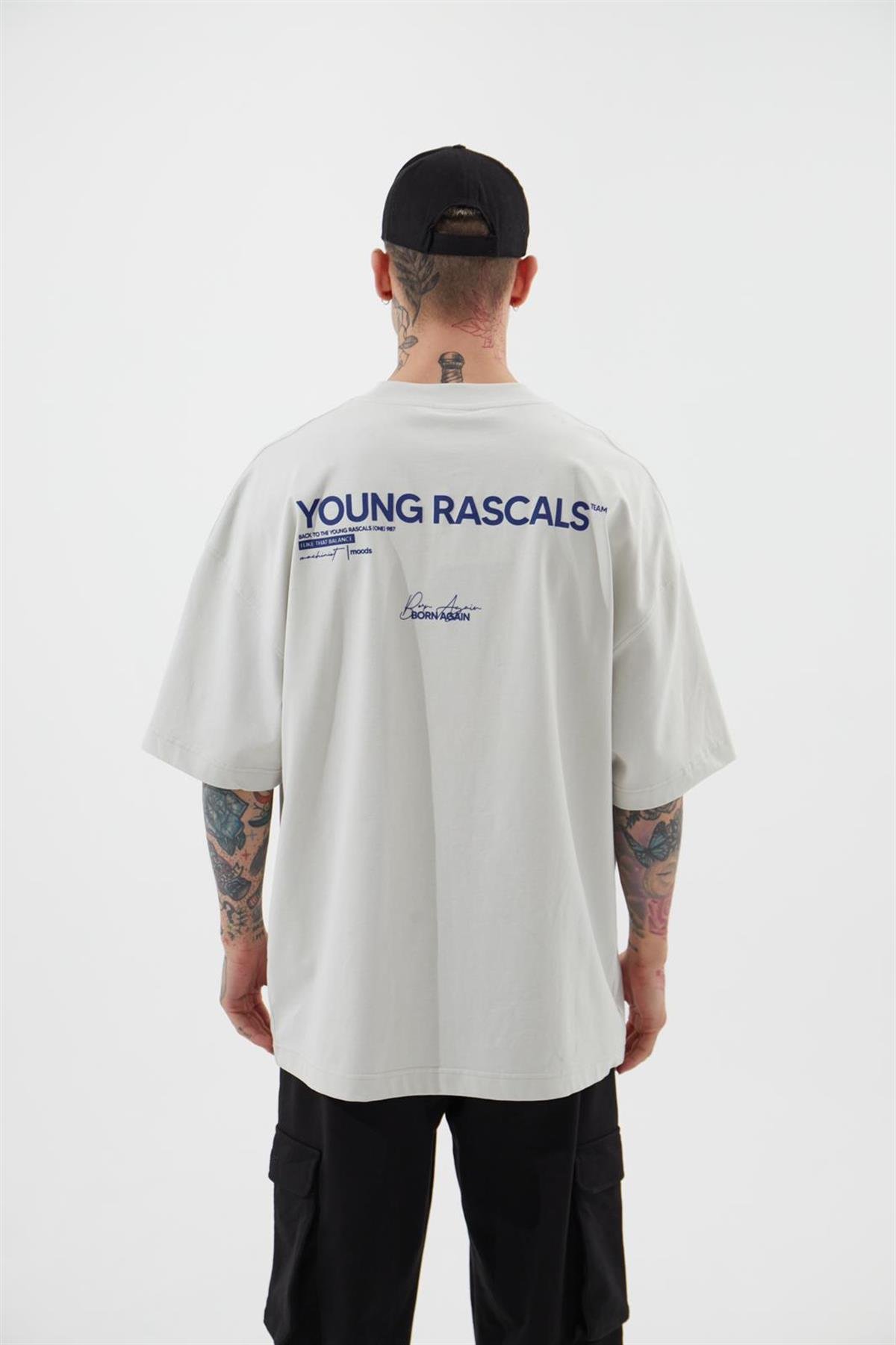 OVERSIZE YOUNG RASCALS BASKILI T-SHIRT ICE GRİ