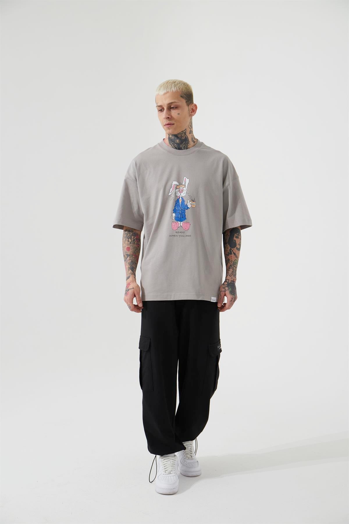 OVERSIZE MAC RABBIT BASKILI T-SHIRT ICE GRİ
