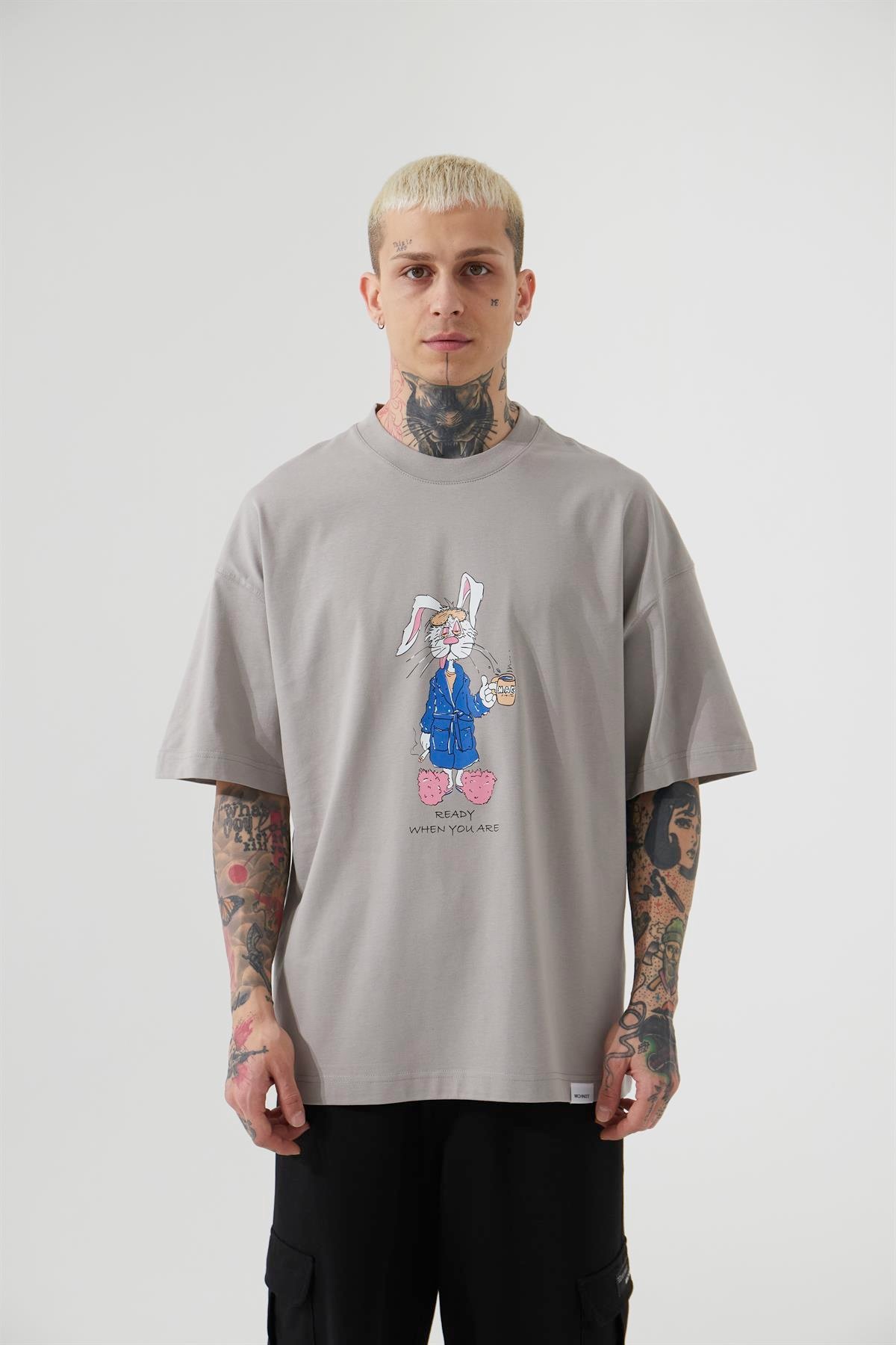 OVERSIZE MAC RABBIT BASKILI T-SHIRT ICE GRİ