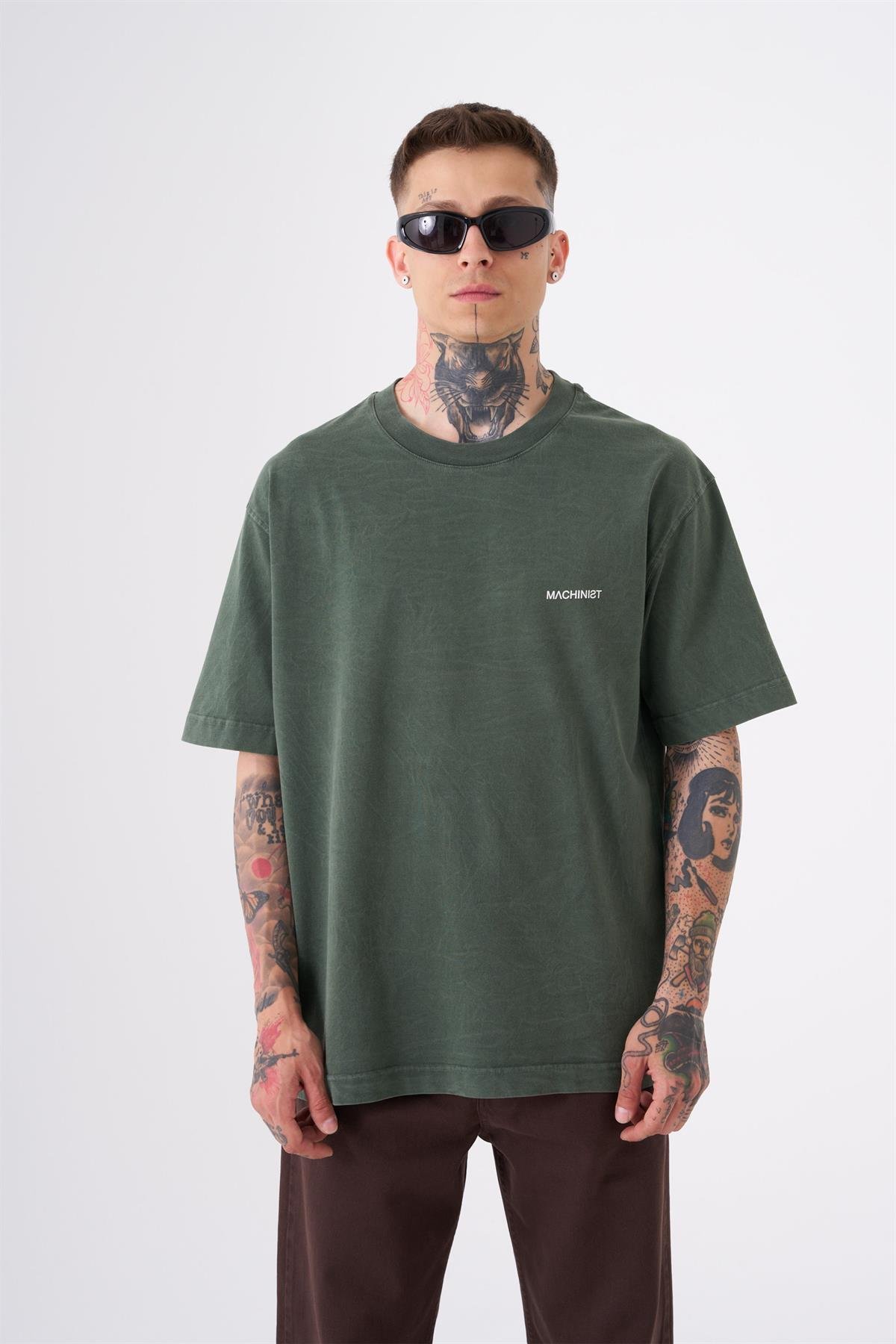 Unisex Relaxed Yıkamalı Basic T-Shirt Haki