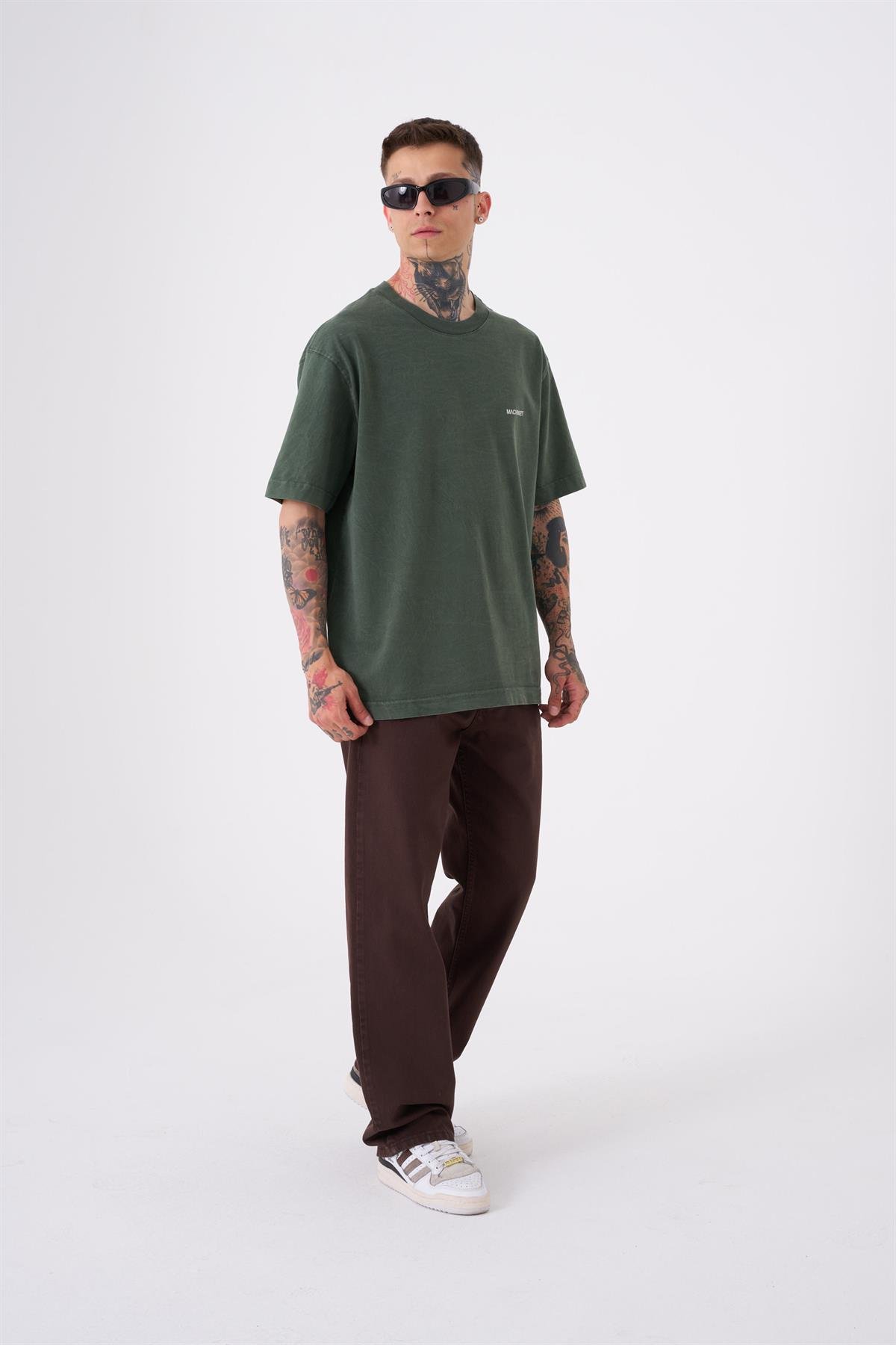 Unisex Relaxed Yıkamalı Basic T-Shirt Haki