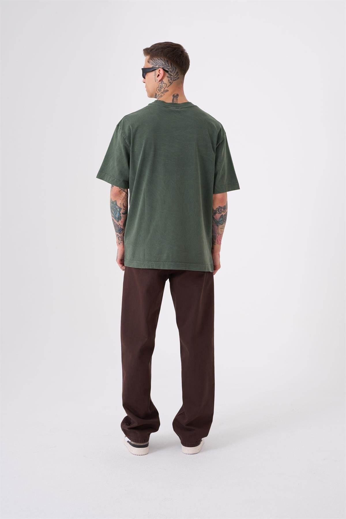 Unisex Relaxed Yıkamalı Basic T-Shirt Haki