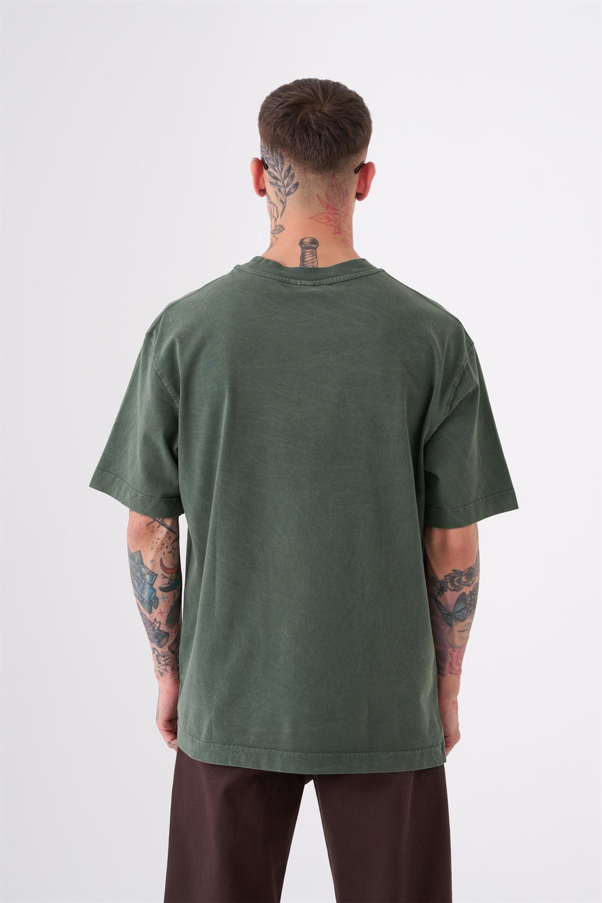 Unisex Relaxed Yıkamalı Basic T-Shirt Haki