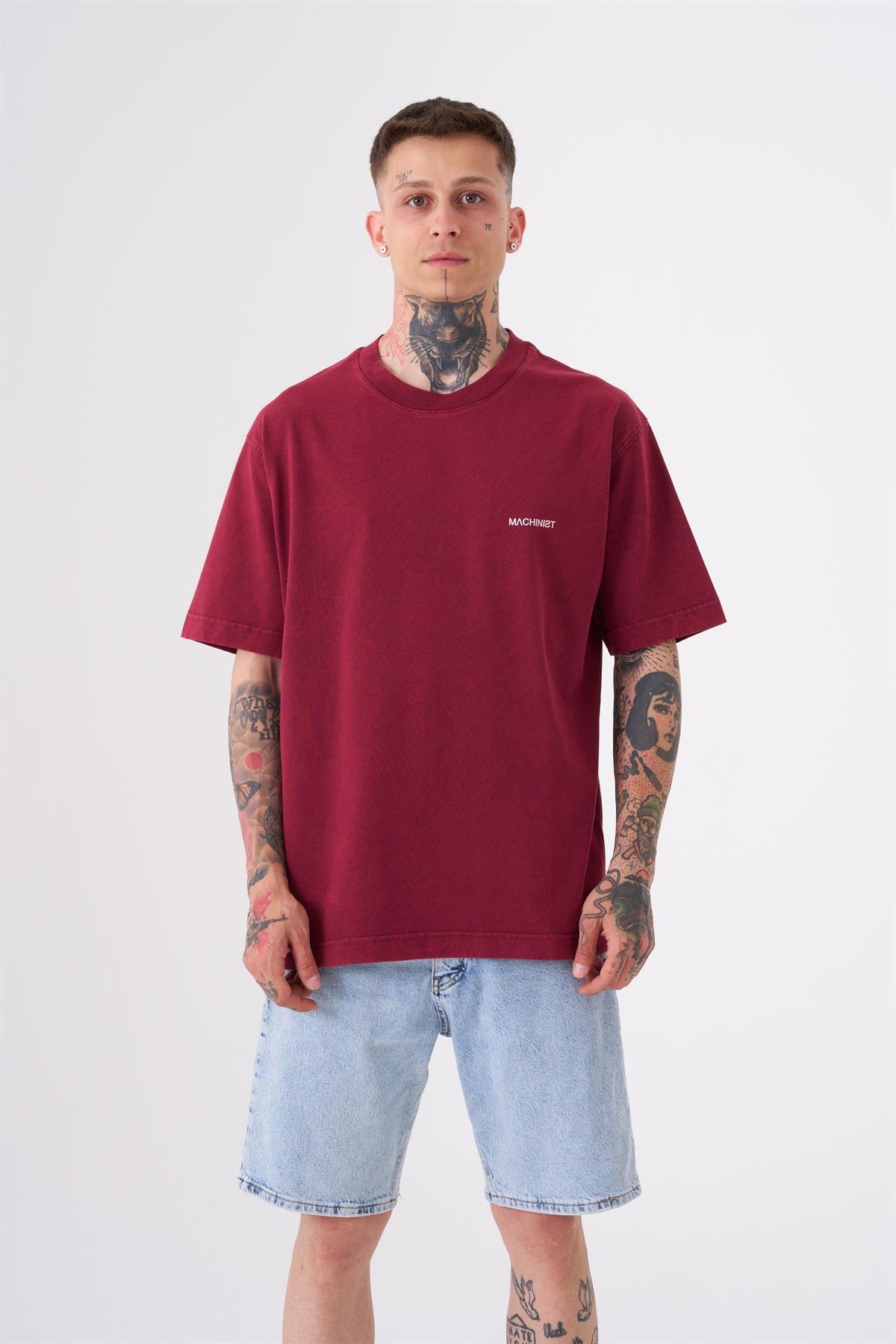 Erkek Basic Yıkamalı Relaxed Bordo Tişört