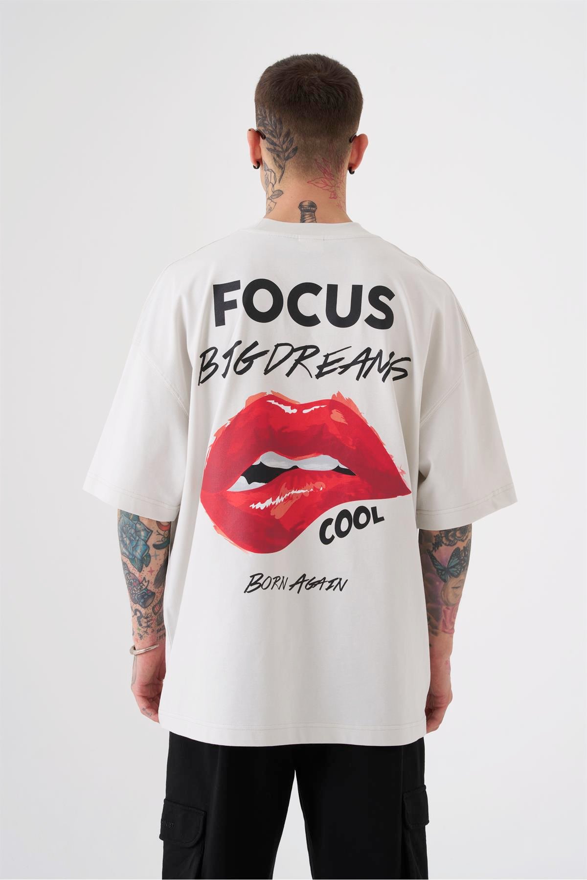 Erkek Focus Big Dreams Baskılı Oversize Gri Tişört