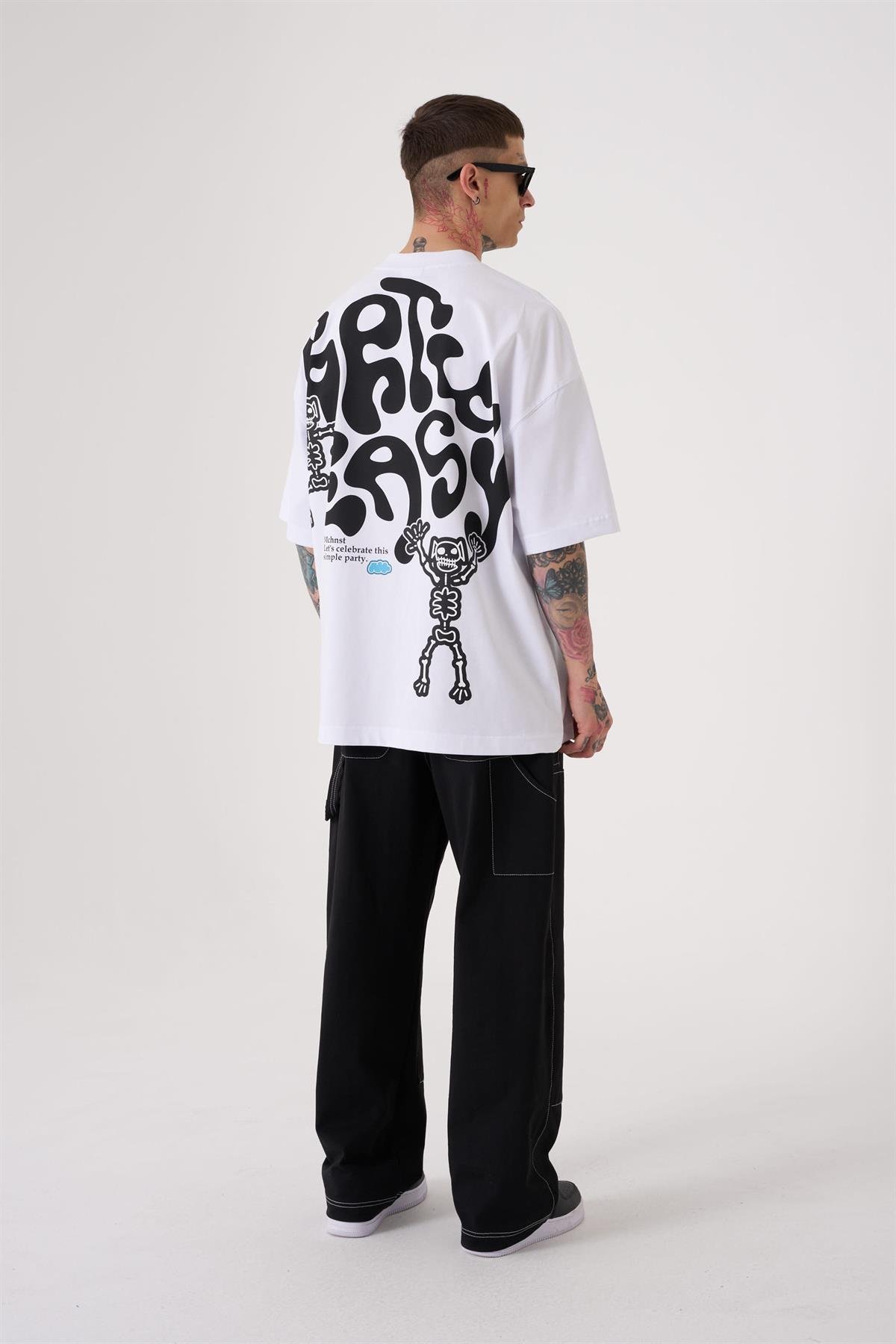 Oversize Party Easy Baskılı T-Shirt Beyaz