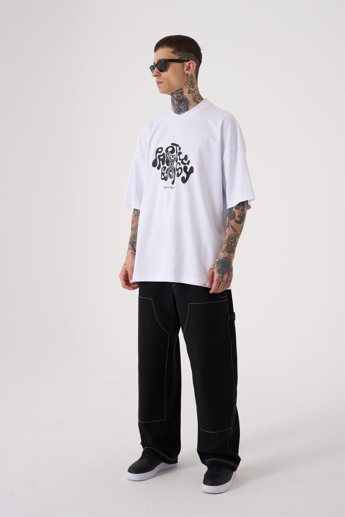 Oversize Party Easy Baskılı T-Shirt Beyaz
