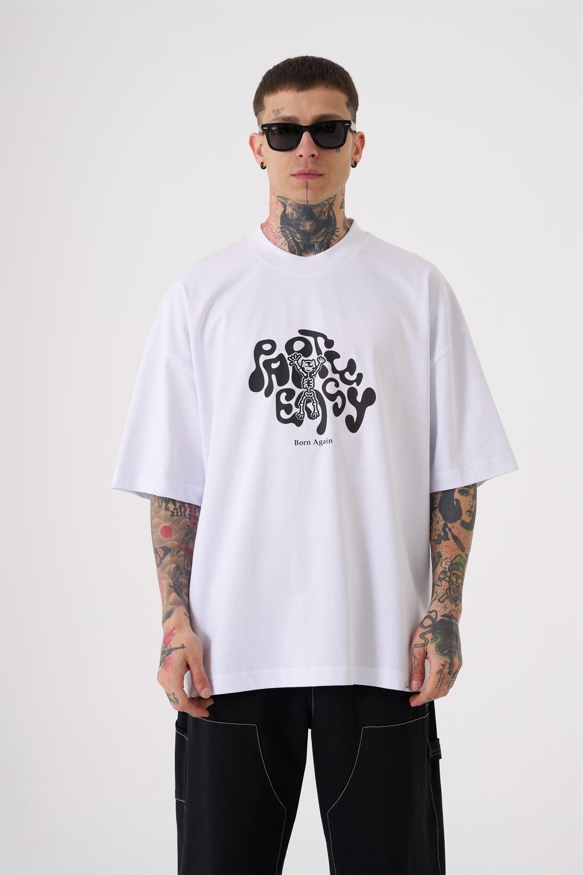 Oversize Party Easy Baskılı T-Shirt Beyaz