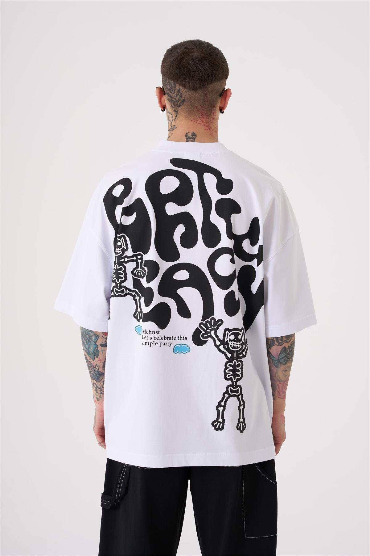 Oversize Party Easy Baskılı T-Shirt Beyaz