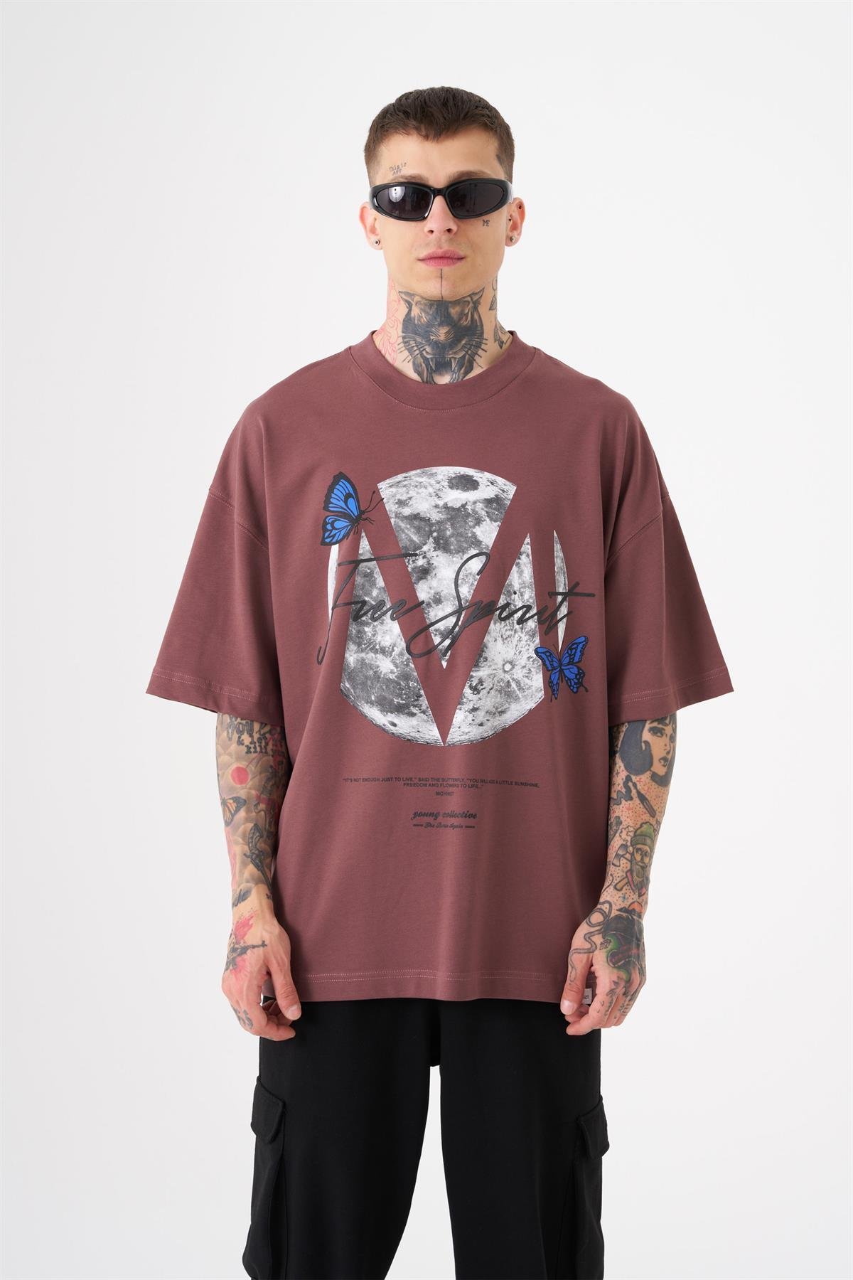 Oversize Free Spirit Baskılı Pamuklu T-Shirt Mürdüm