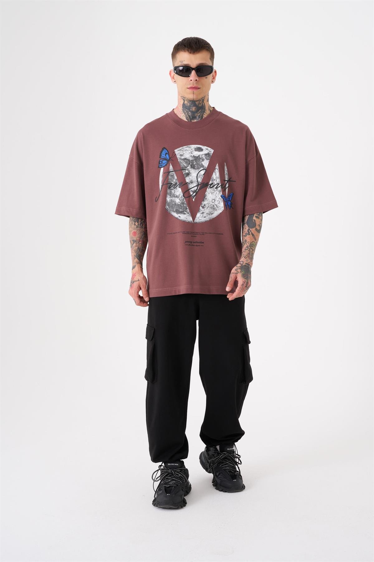 Oversize Free Spirit Baskılı Pamuklu T-Shirt Mürdüm