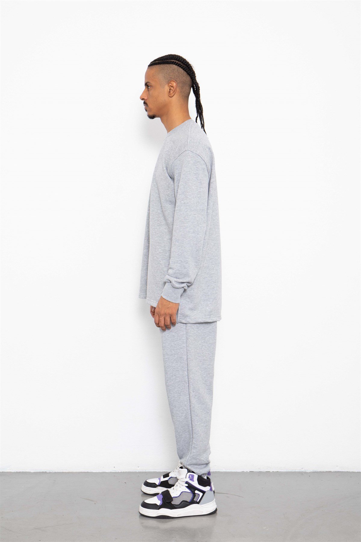 Şardonsuz Yırtmaçlı Oversize Sweatshirt Gri Melanj