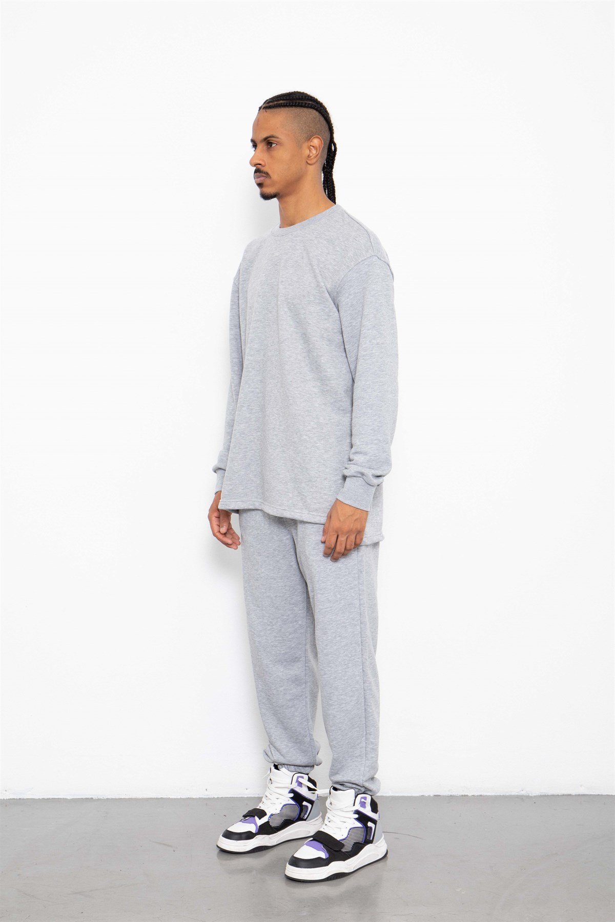 Şardonsuz Yırtmaçlı Oversize Sweatshirt Gri Melanj