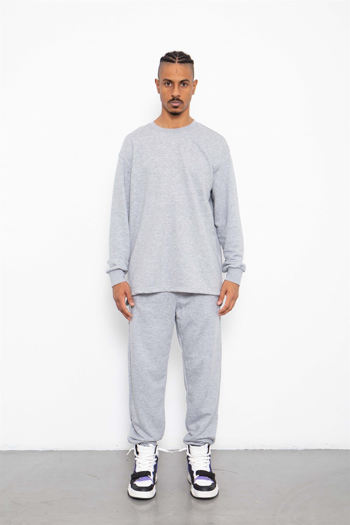 Şardonsuz Yırtmaçlı Oversize Sweatshirt Gri Melanj