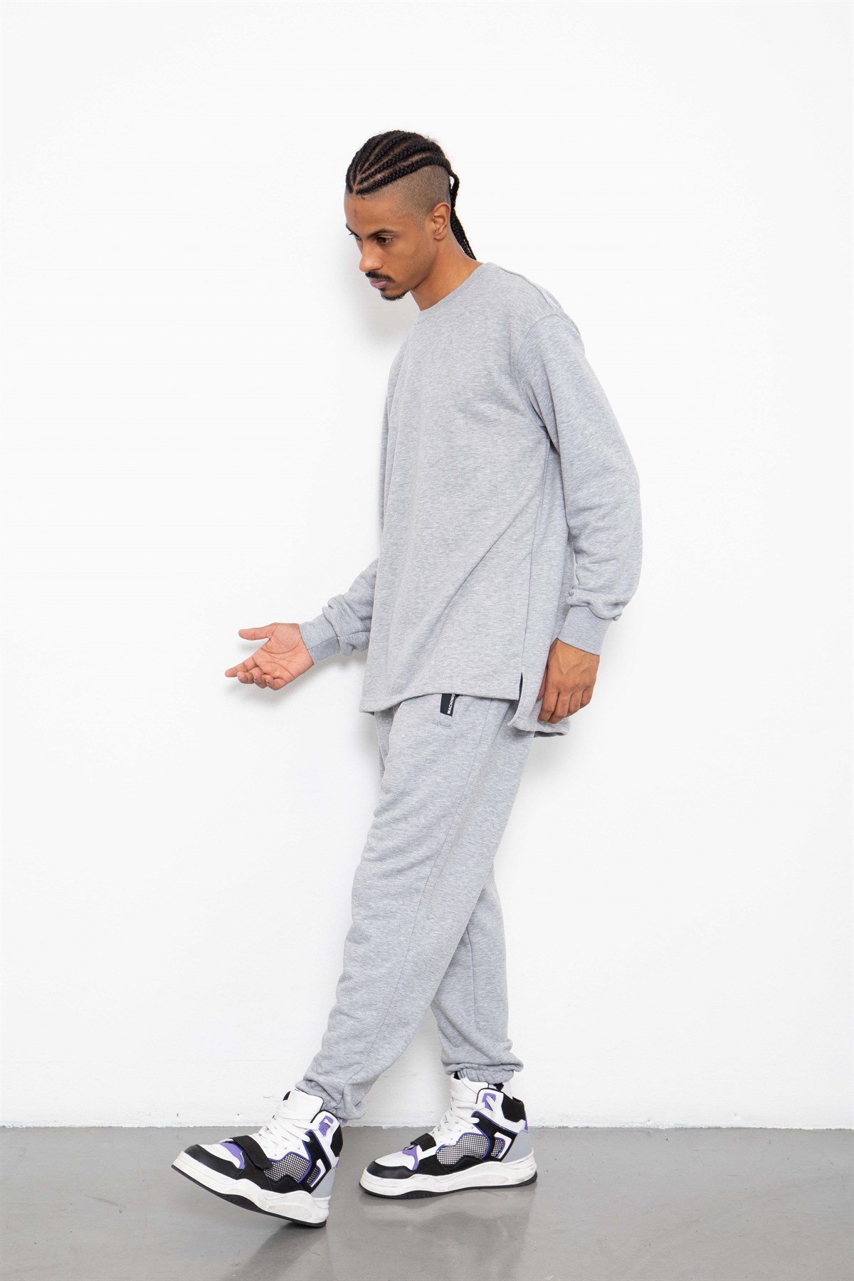 Şardonsuz Yırtmaçlı Oversize Sweatshirt Gri Melanj