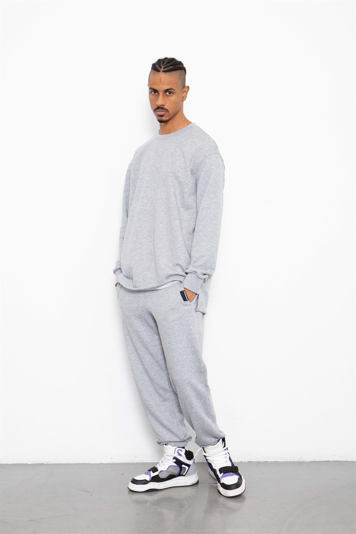 Şardonsuz Yırtmaçlı Oversize Sweatshirt Gri Melanj