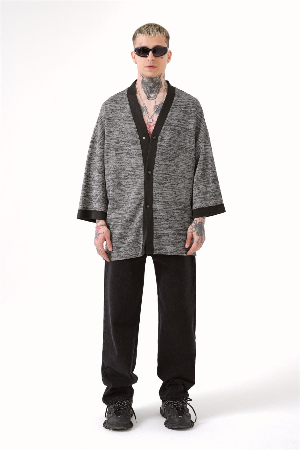 Oversize Kırçıllı Siyah Kimono