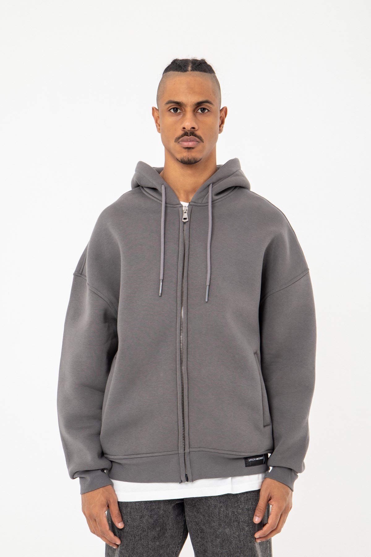 Oversize Fermuarlı Kapşonlu Şardonlu Füme Sweatshirt