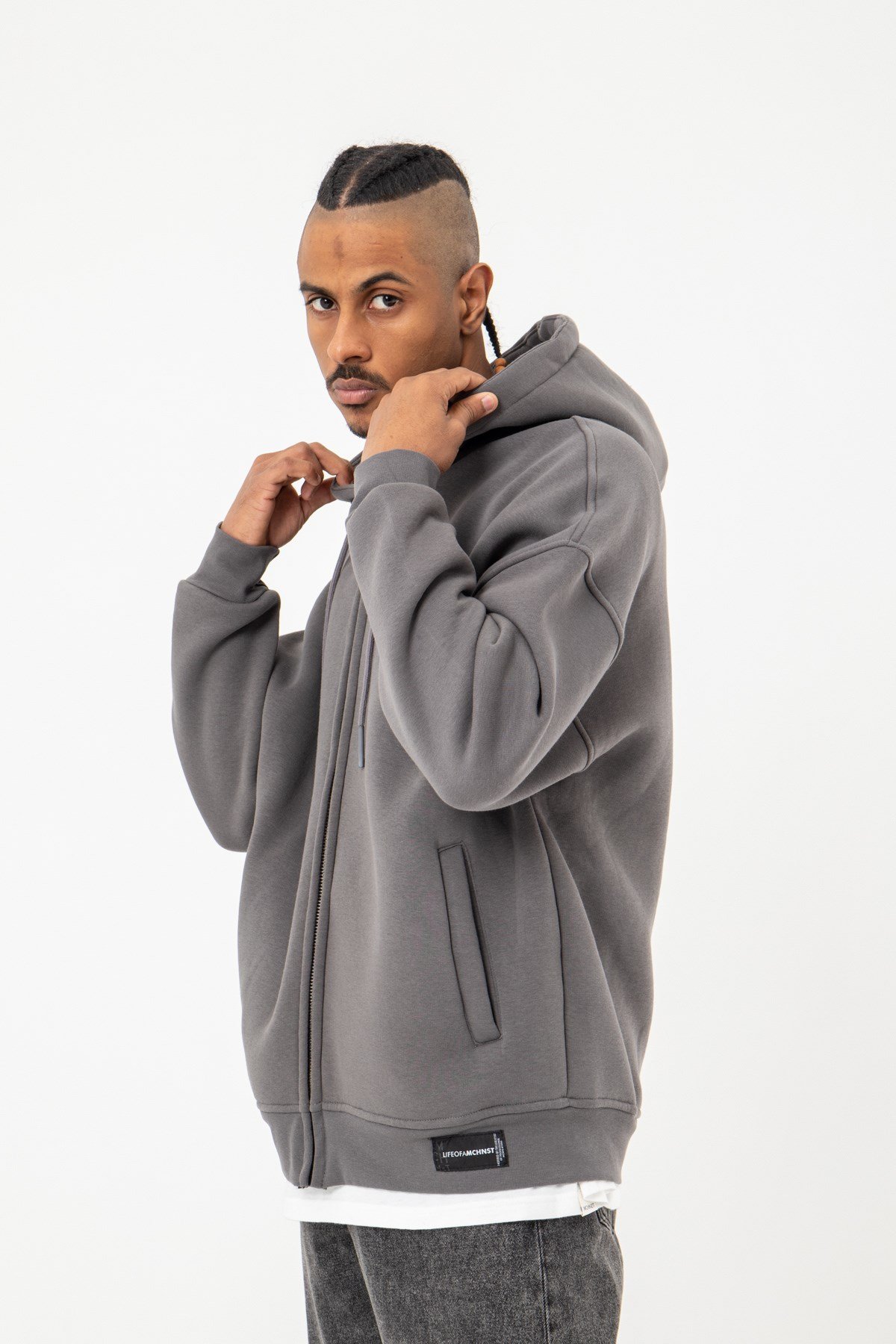 Oversize Fermuarlı Kapşonlu Şardonlu Füme Sweatshirt