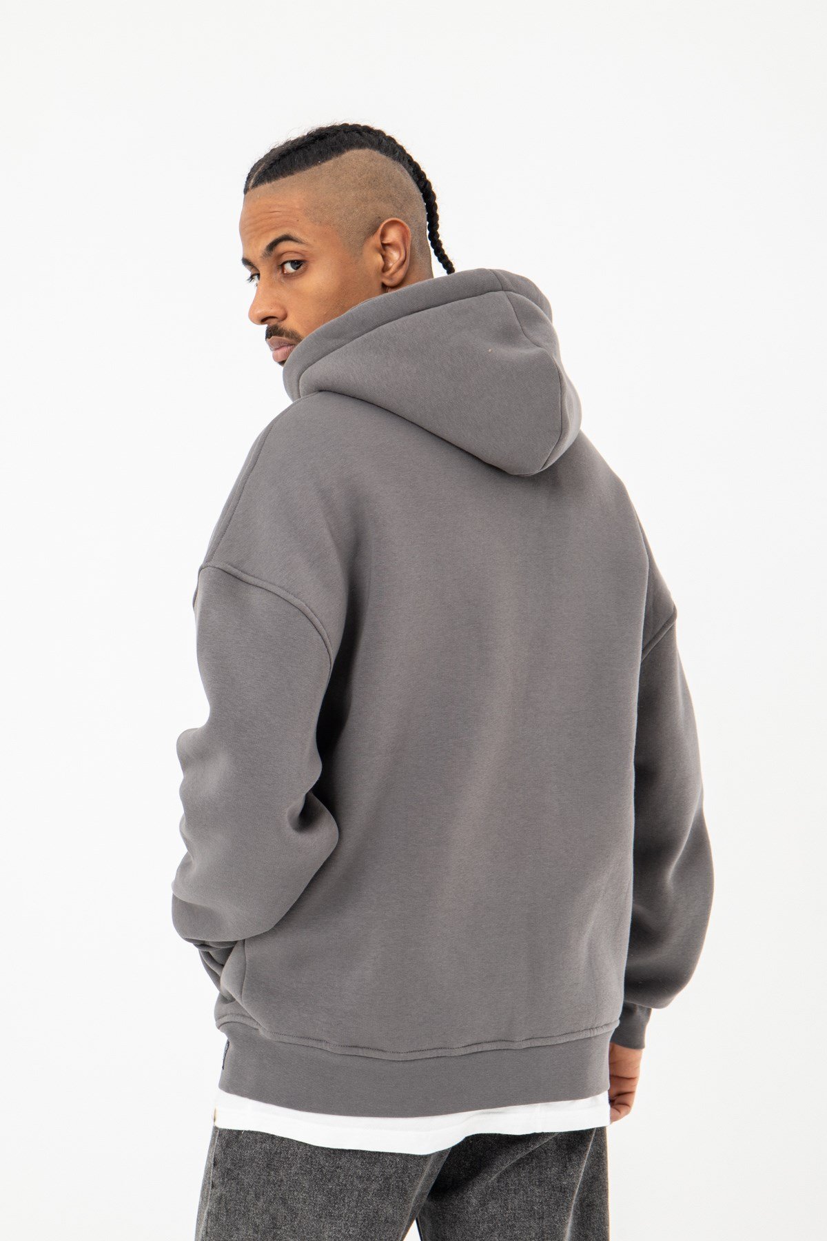 Oversize Fermuarlı Kapşonlu Şardonlu Füme Sweatshirt