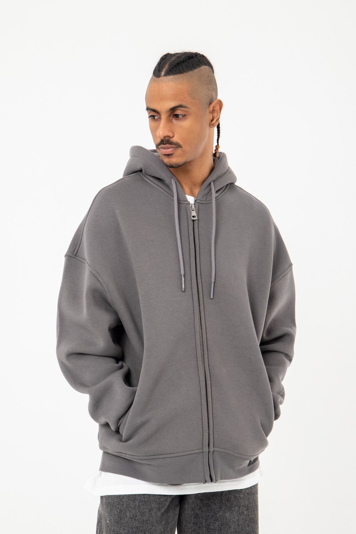 Oversize Fermuarlı Kapşonlu Şardonlu Füme Sweatshirt