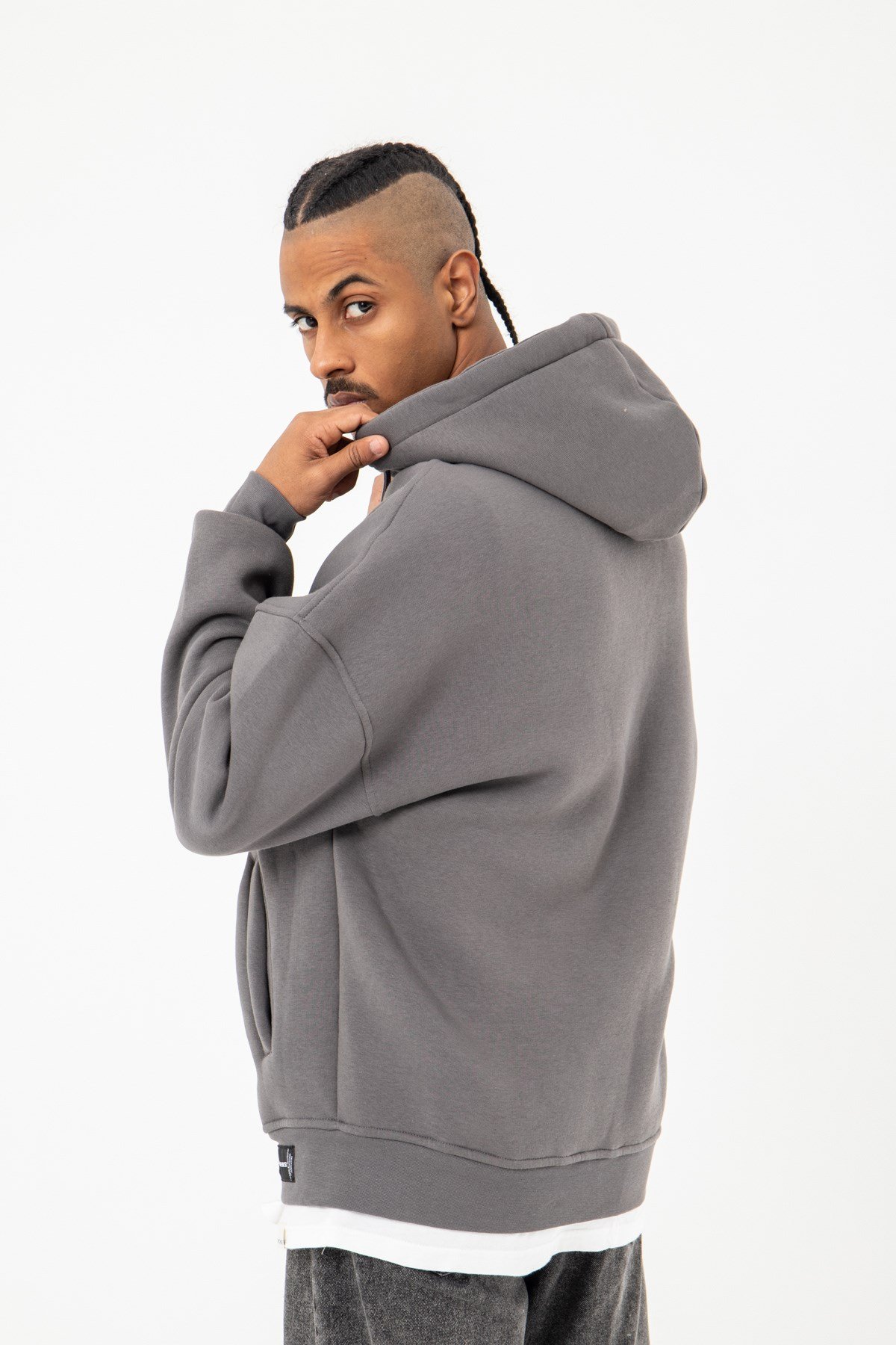 Oversize Fermuarlı Kapşonlu Şardonlu Füme Sweatshirt
