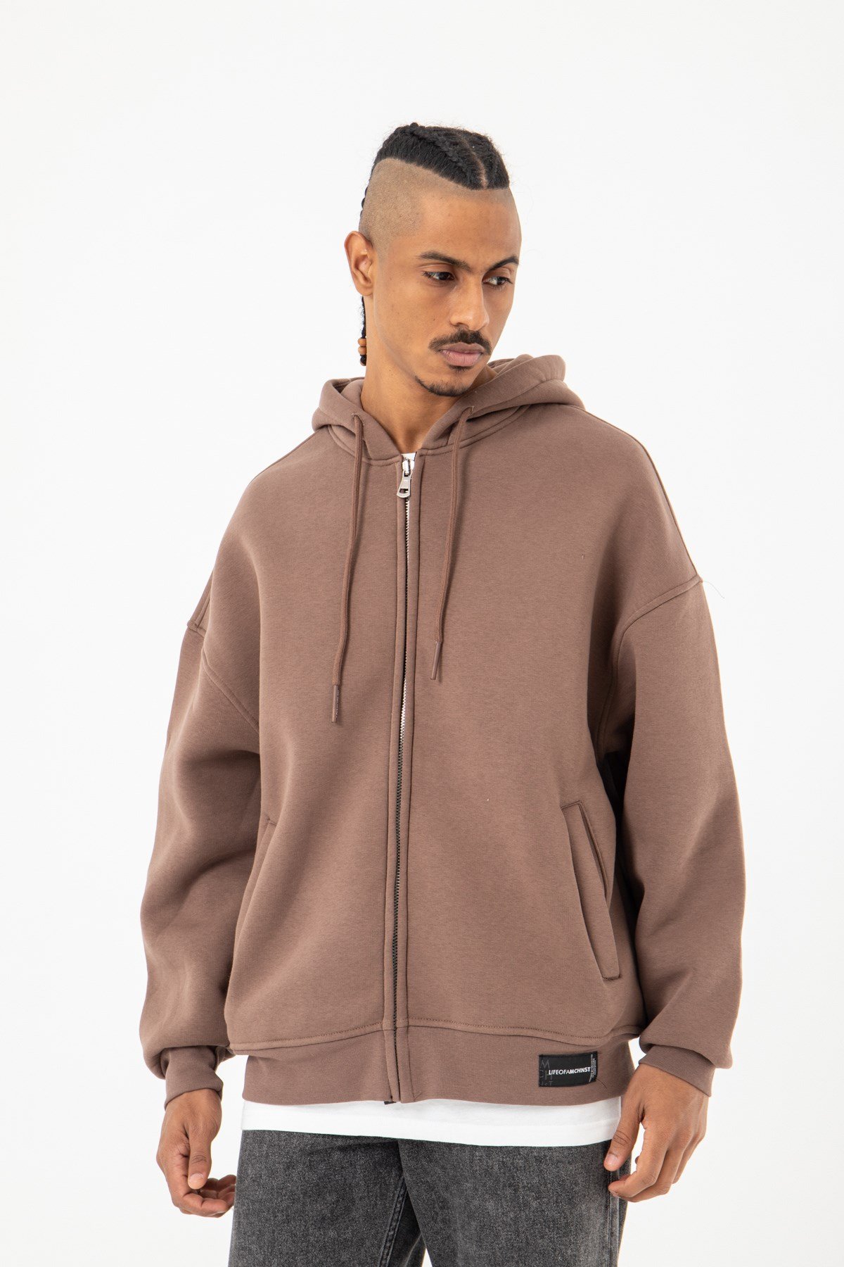 Oversize Fermuarlı Kapşonlu Şardonlu Kahve Sweatshirt