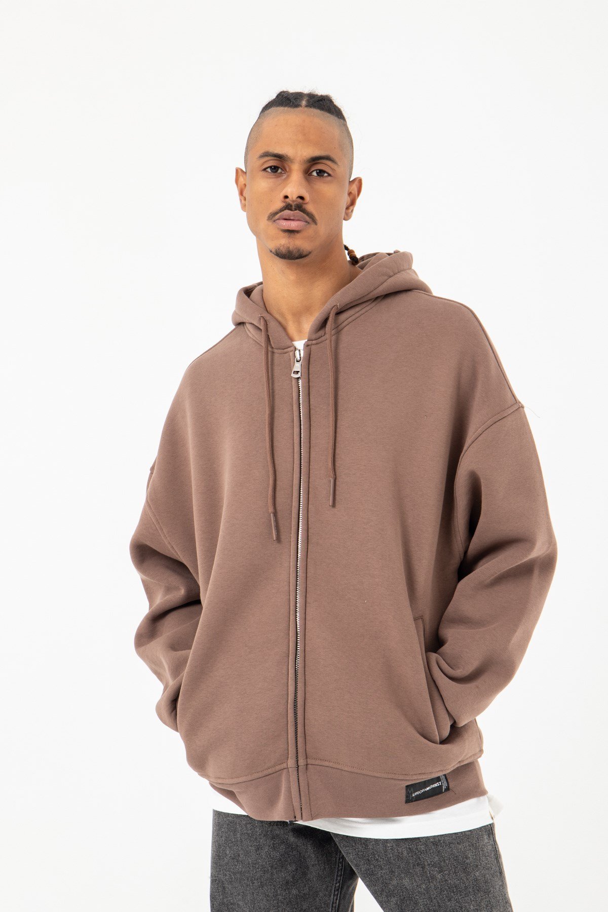 Oversize Fermuarlı Kapşonlu Şardonlu Kahve Sweatshirt