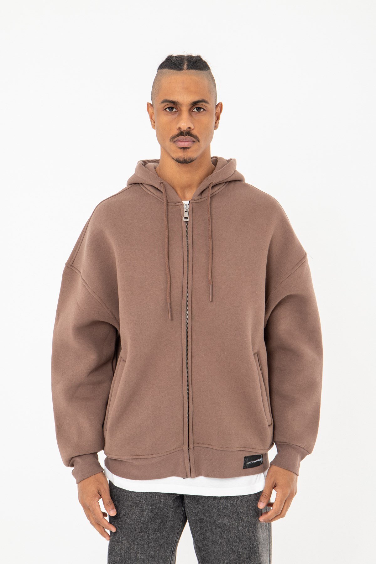 Oversize Fermuarlı Kapşonlu Şardonlu Kahve Sweatshirt
