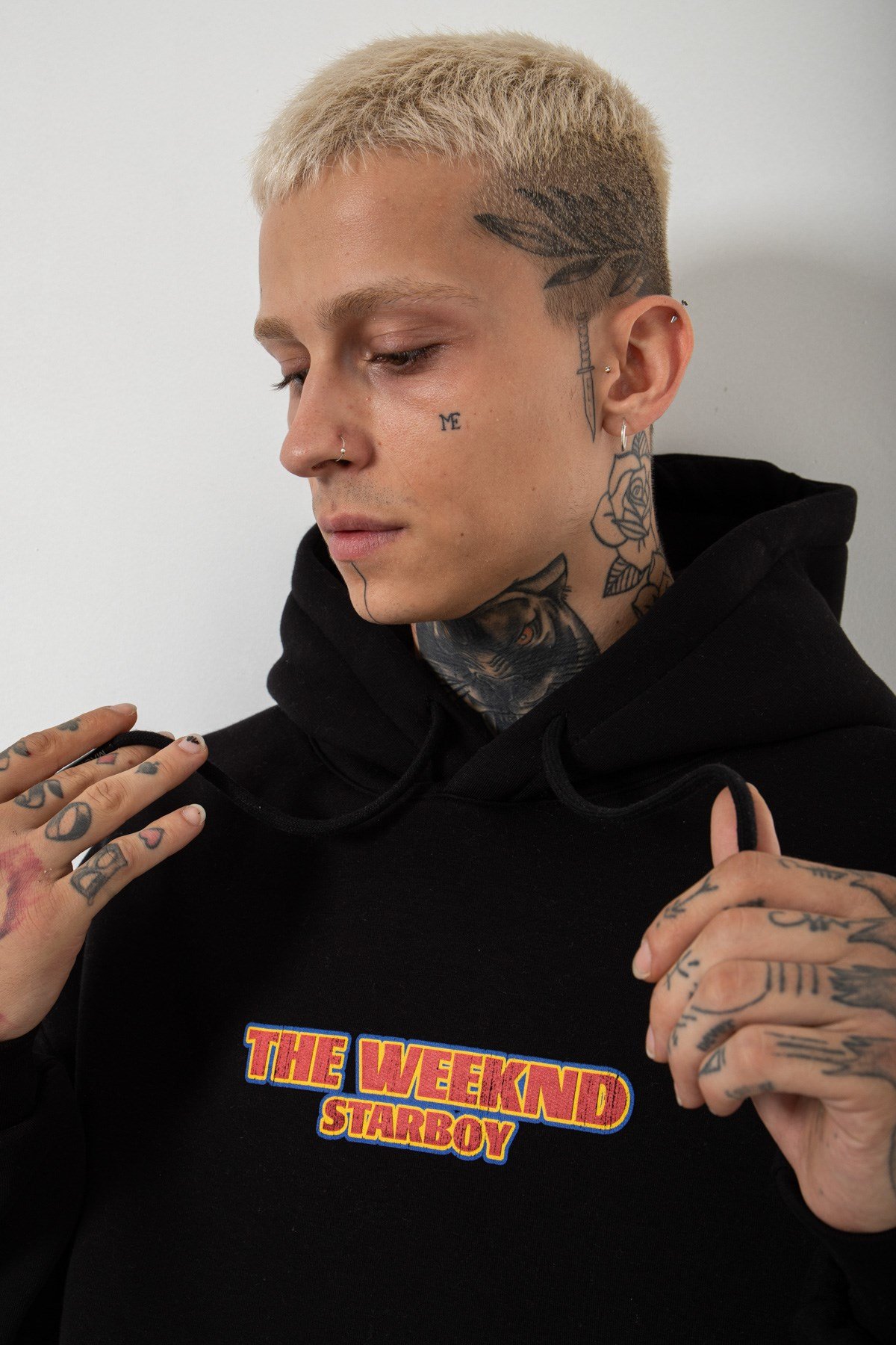 Oversize Starboy Baskılı Kapüşonlu Sweatshirt SİYAH